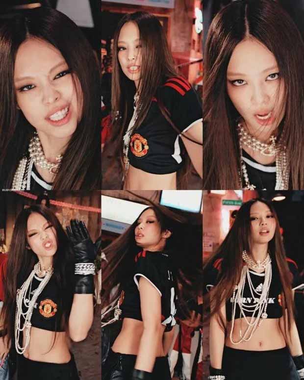 Jennie wears a Manchester United shirt in the Pink Venom MV (Image: YouTube)