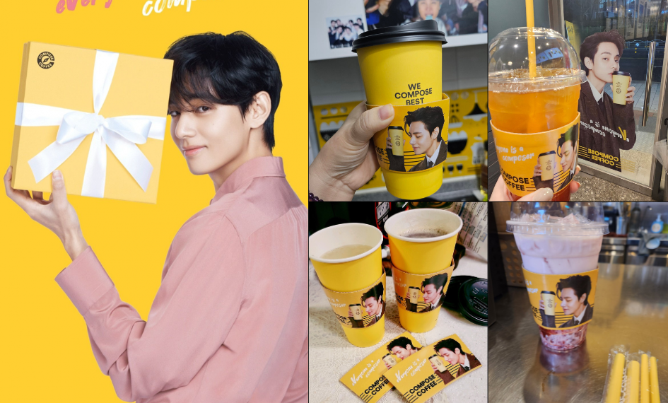 'Compose Coffee' trends #1 on Baemin, Korea's largest food delivery service, following release of BTS V's (Kim Taehyung) cup sleeves