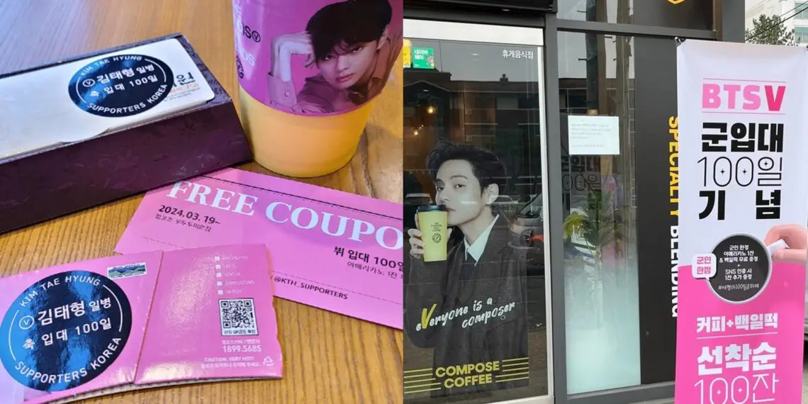 Fans set up a special free coffee event for active duty soldiers in celebration of BTS V’s 100-Day military enlistment anniversary
